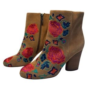The Fix Boots Women's Size 7 Brown Nash Floral Embroidery Oval Heel Ankle